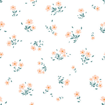 Vector illustration. Seamless pattern, small flowers on a white background. Ditsy floral pattern, field of flowers, print for fabric, textile, wallpaper, baby clothes, wrapping paper