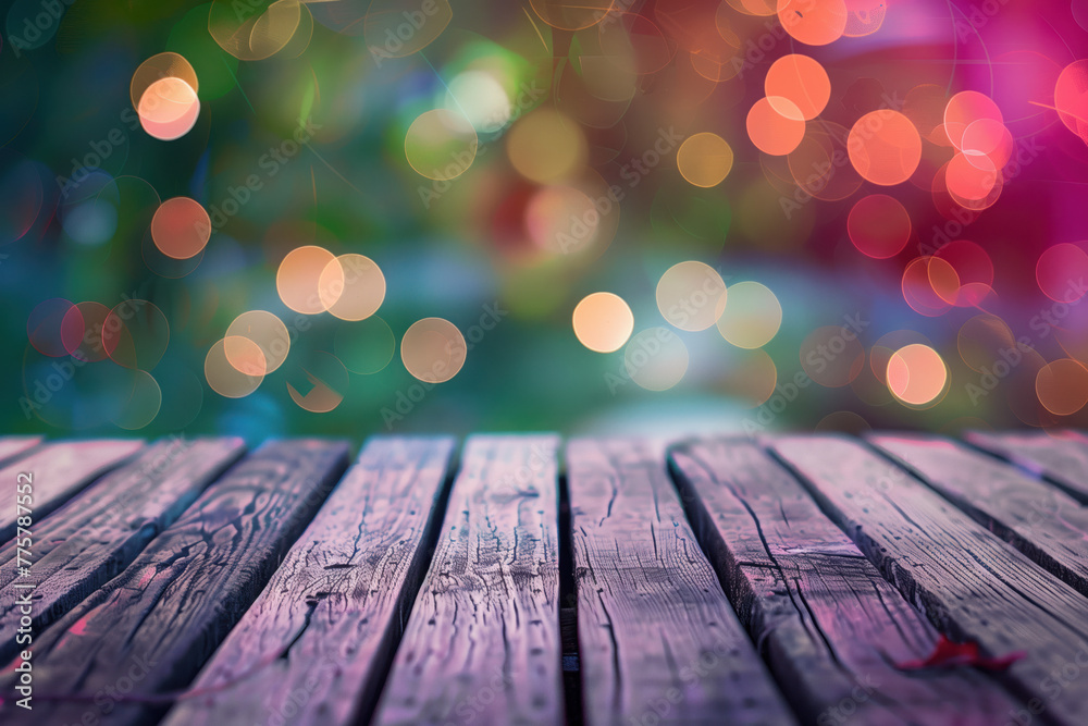 Poster wooden table with blurred lights and bokeh. background image. created with generative ai technology.