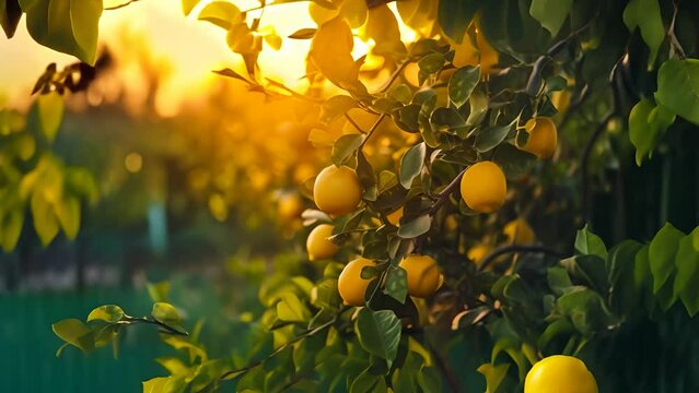 A branch of a lemon tree at sunset