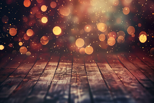 Wooden table with blurred lights and bokeh. Background image. Created with Generative AI technology.