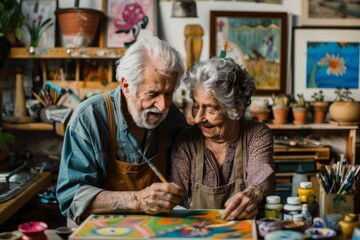 Affectionate Grandparents Painting, Warm Indoor Hobby Scene - obrazy, fototapety, plakaty