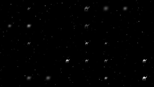 Template animation of evenly spaced camel symbols of different sizes and opacity. Animation of transparency and size. Seamless looped 4k animation on black background with stars