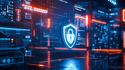 Technology concept  Illuminated shield icon on blue server room background, depicting robust data security. - obrazy, fototapety, plakaty