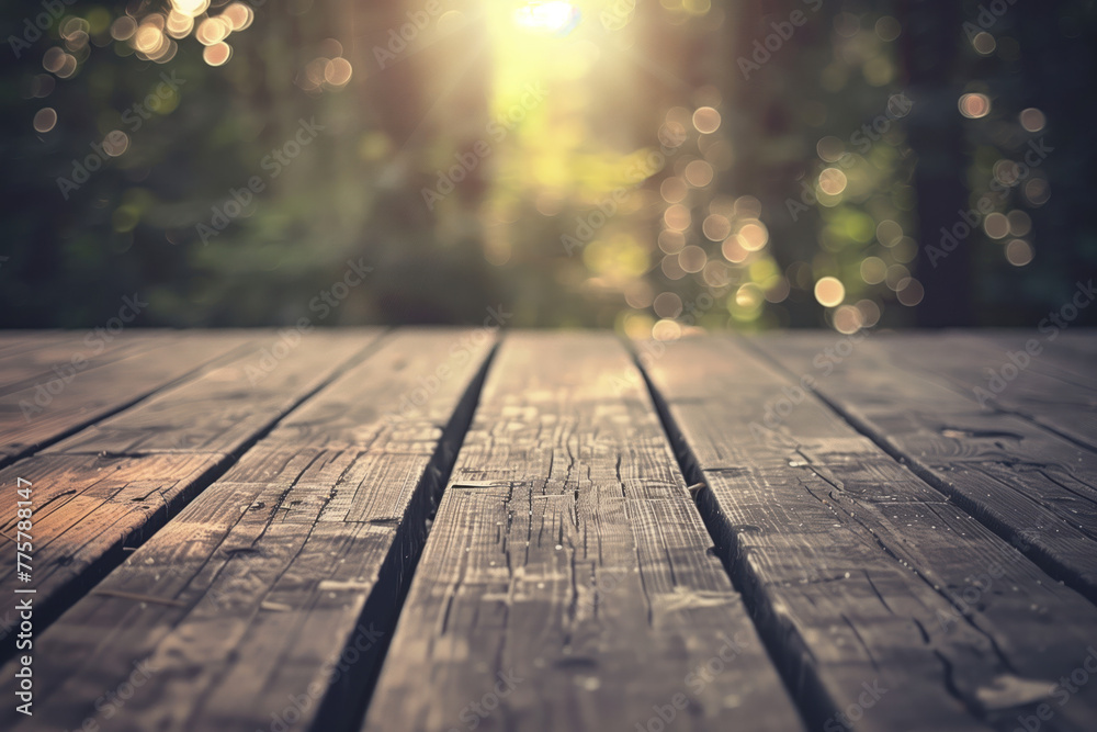 Poster wooden table in the garden. blurred trees in the back. background image. created with generative ai 