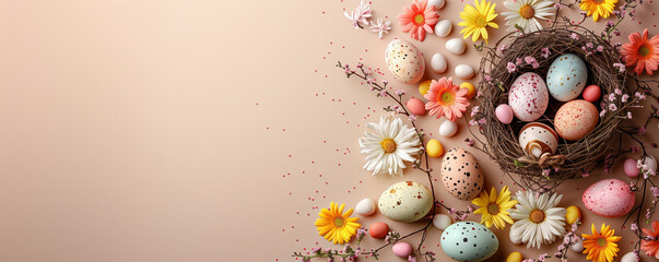Fototapeta na wymiar Easter eggs with sweets and flowers on beige background, happy easter on spring concept