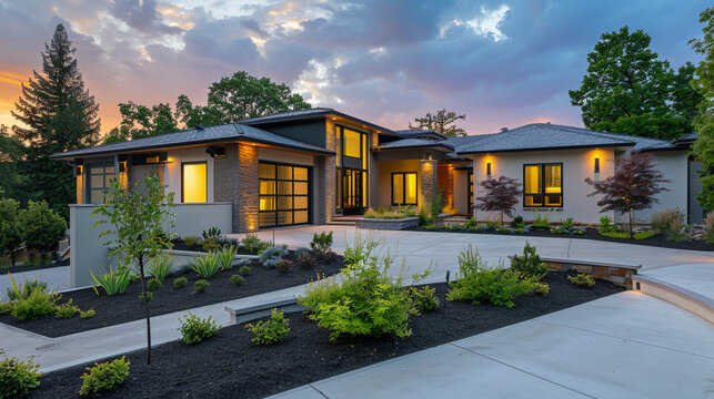 Sophisticated new home exterior with an inviting front patio, refined minimalist interior, modern elegance