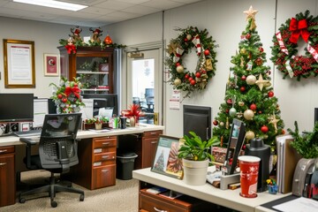 Festive Christmas Tree in Corporate Office Setting