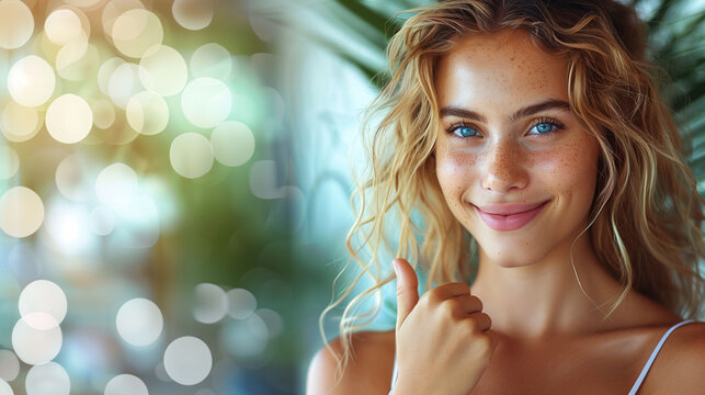 Portrait of a smiling young woman with curly hair giving a thumbs up, with a bokeh light background.