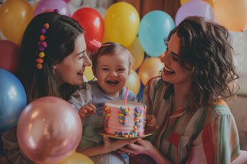 Fototapeta na wymiar Happy lesbian couple celebrating birthday of their child. Gay mothers with their kid at home.
