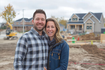 Happy cheerful couple on construction site of their future house. Starting a family, new beginning.