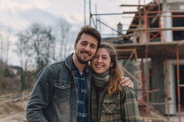 Happy cheerful couple on construction site of their future house. Starting a family, new beginning.