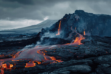 Lava emerging from an active volcano and pouring through black volcanic landscape in Iceland.