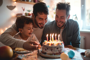 Happy gay couple celebrating birthday of their child. Gay fathers with their kid at home.