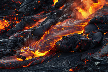 Lava emerging from an active volcano and pouring through black volcanic landscape in Iceland.