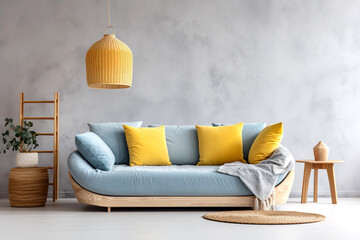 Scandinavian interior design of modern living room, home with blue sofa and yellow pillows against concrete wall with copy space.