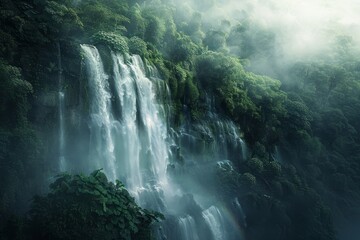 Lush Green Waterfall in Mountain Mist
