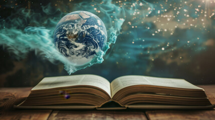 Textbook with planet Earth floating background. Universal learning, educational poster understanding materials