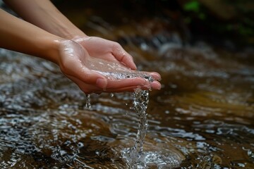 Hands Cradling Fresh Stream Water, Eco-Friendly Living