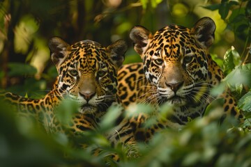 Jungle Jaguars: Twin Felines Lurking in Verdant Undergrowth