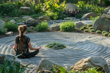 Serenity in Sand: Woman Meditating in Circular Zen Garden