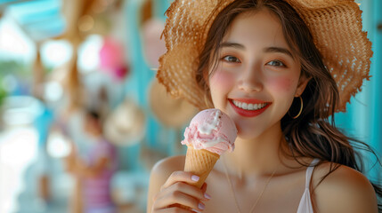 Beautiful smiling young  Chinese / Japanese Asian woman eating an ice cream on a beach with the sea in the background
