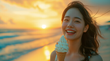 Beautiful smiling young  Chinese / Japanese Asian woman eating an ice cream on a beach with the sea...