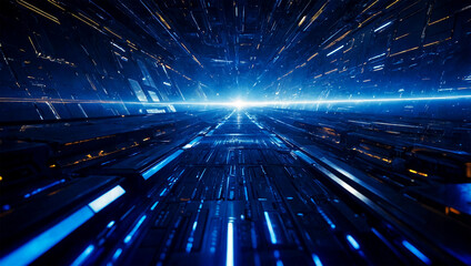 Spaceship streaks through a colorful wormhole in deep space. Blue light background.