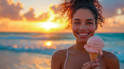 Beautiful smiling afro Caribbean black young woman eating an ice cream on a beach with the sea in the background at sunset