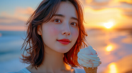 Beautiful smiling young  Chinese / Japanese Asian woman eating an ice cream on a beach with the sea in the background at sunset.