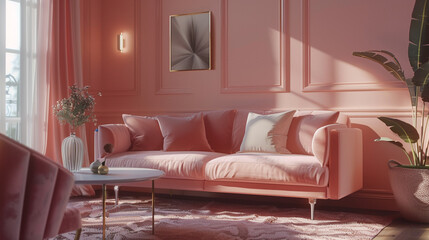 Stylish and cozy living room in pink tones, modern home decor with sofa, chair, pillows, and personalized accents,