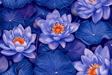 Water lily background, seamless repeat and fully tile-able bckground of blue water lilies Nymphaeaceae
