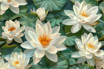 Water lily background, seamless repeat and fully tile-able bckground of white water lilies Nymphaeaceae - obrazy, fototapety, plakaty