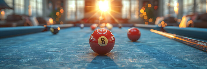 A game of pool with balls and cue on the table,
Colorful billiard balls on table close up
 - obrazy, fototapety, plakaty