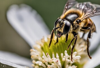 macro of honeybee on flower, pollination process, process of collecting nectar from flower