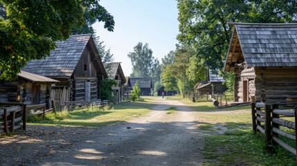 Fototapeta na wymiar Outdoor photo of 1700 medieval village with log buildings