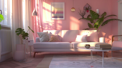 Stylish and cozy living room in pink tones, modern home decor with sofa, chair, pillows, and personalized accents,