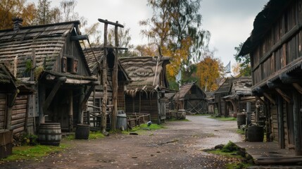 Outdoor photo of 1700 medieval village with log buildings
