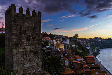 Fernandina Wall in Porto seen from Dom Luis I Bridge over Douro River, Portugal