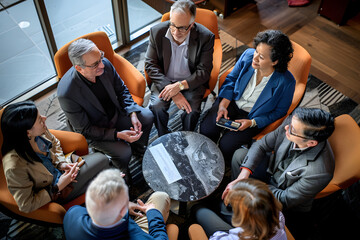Diverse Corporate Team Engaging in a Strategic Meeting in a Modern Office Lounge