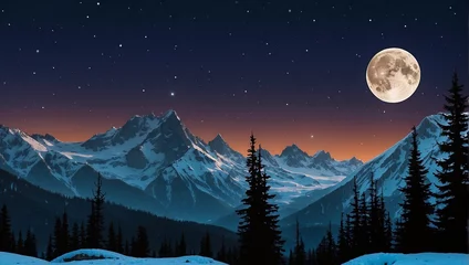 Fotobehang A full moon rises over snow-capped mountains.   © Mickal