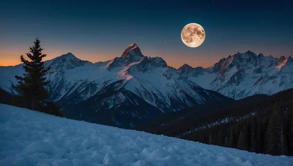 Fotobehang A full moon rises over snow-capped mountains.   © Mickal