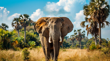 A striking African elephant peacefully wanders through a stunning wildlife sanctuary