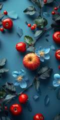 Papel o fondo azul intenso, decorado con hojas, manzanas rojas, grandes, flores azules celestes, centros amarillos, orientación vertical, patrón, cenefa decoración primaveral - obrazy, fototapety, plakaty