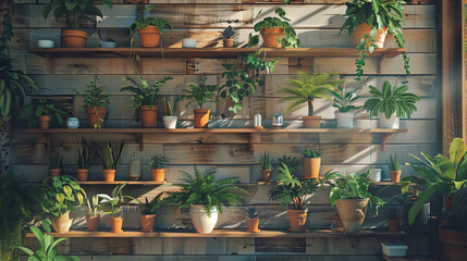 Wall adorned with potted plants, rustic wooden shelves showcasing a variety of beautiful greenery,
