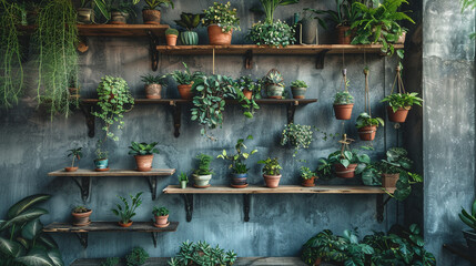 Wall adorned with potted plants, rustic wooden shelves showcasing a variety of beautiful greenery,