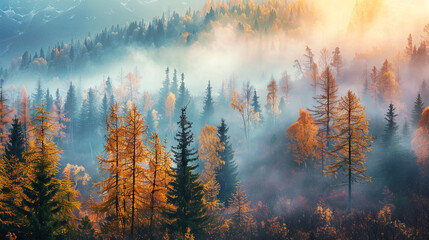 Thick morning fog covers the mountain landscape, enveloping coniferous trees in autumn - obrazy, fototapety, plakaty