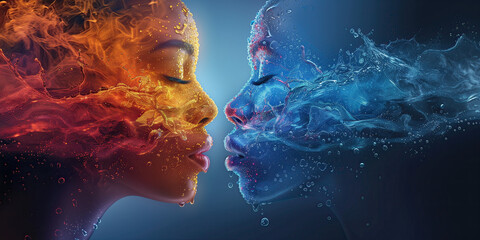 Silueta de dos rostros femeninos, representando los conceptos de tierra y fuego y el otro el aire y agua, elementos terrestres, día internacional del beso, equilibrio entre los elementos, abrazo madre - obrazy, fototapety, plakaty