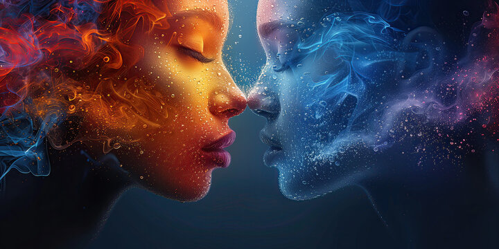 Dos rostros vista lateral, casi bes&aacute;ndose, uni&oacute;n conceptos vida muerte, d&iacute;a internacional del beso, equilibrio entre los elementos, naranjas, azules, cielos, tierras, espacios celestes, terrenales, AI