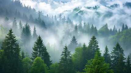 In the morning, thick fog covers the coniferous trees and the river
