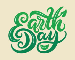 A cursive typography spells out "Earth Day" with leaf motifs adorning the text